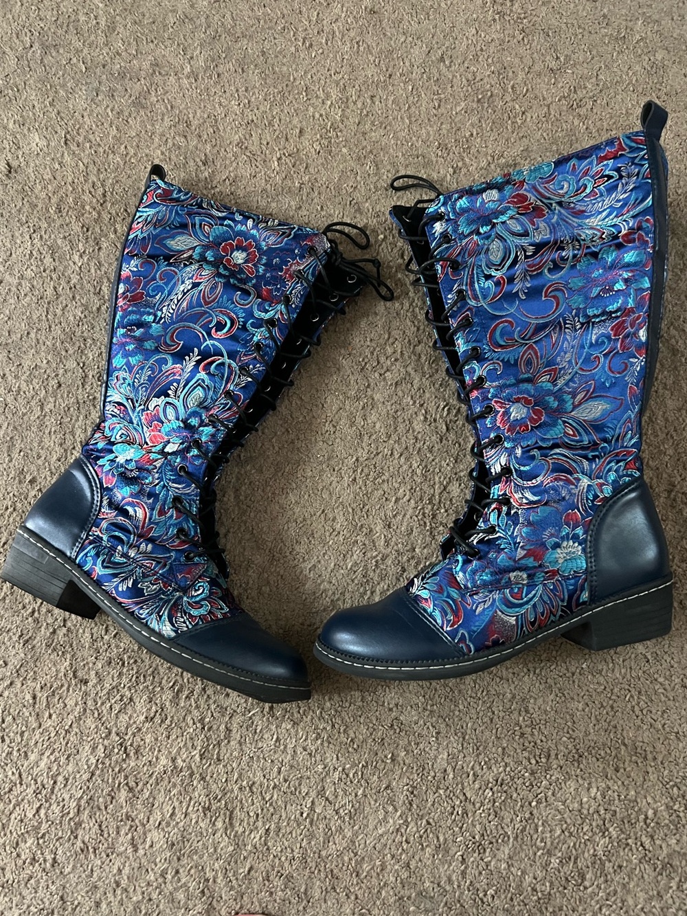 Floral Embroidered Navy Lace-Up Women's Boots - Picture 2 of 5